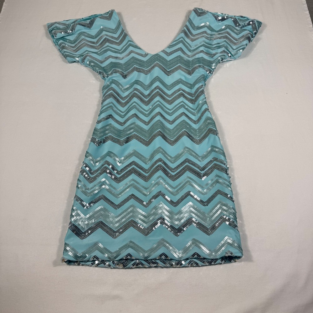 Profile Sequin Mini Dress S Aqua Silver Chevron V-Neck Short Sleeve Party Teen